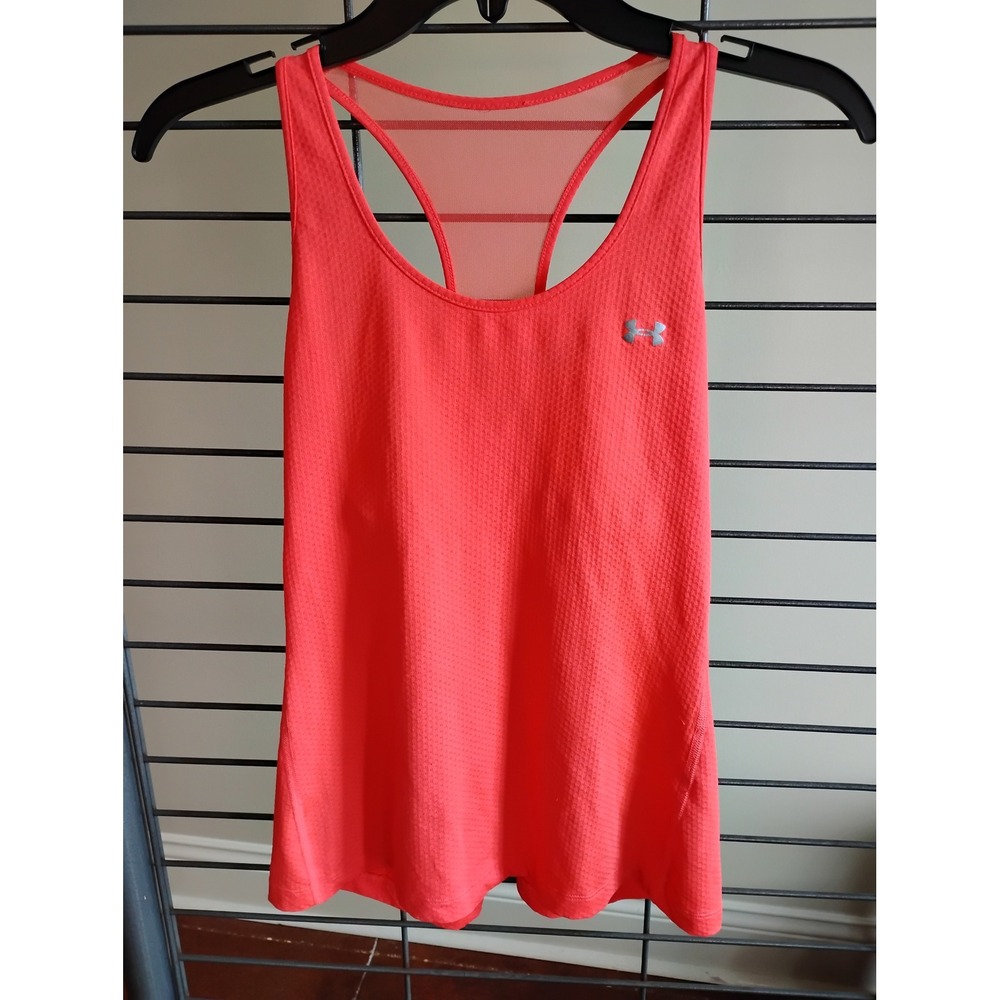 Under Armour Womens Coral Orange Racerback Mesh Training Tank Top Silver Logo
